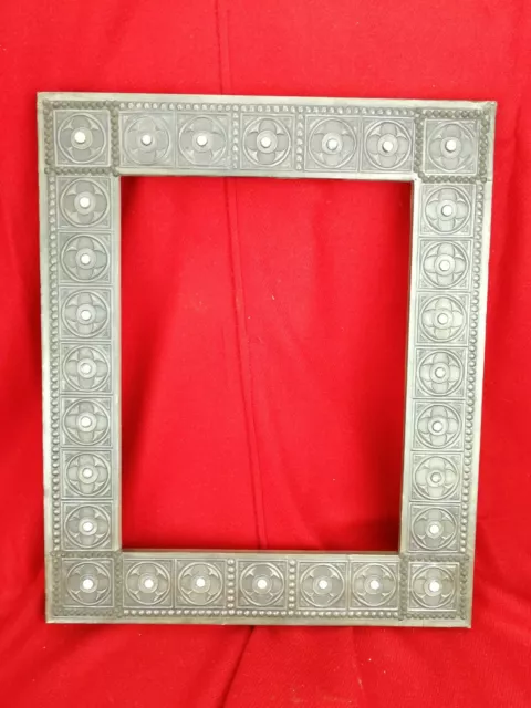 Grand Cadre Bois et Feuille d'Etain avec Perle de Verre  Art Nouveau ancien