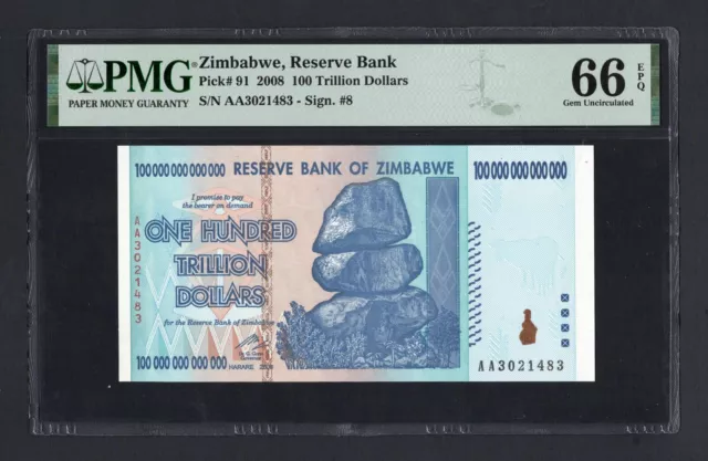 Zimbabwe 100 Trillion Dollars 2008 P91 Uncirculated Grade 66