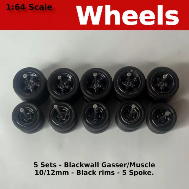 5 Sets - Black 5 Spoke with Black 10mm/12mm Staggered for Hot Wheels