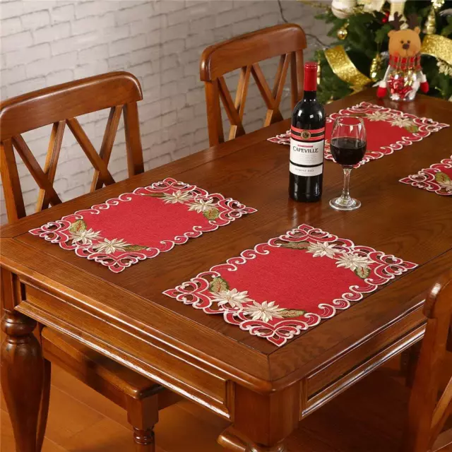 Christmas Placemats Set of 6,Embroidered Poinsettia and Holly Holiday Table for