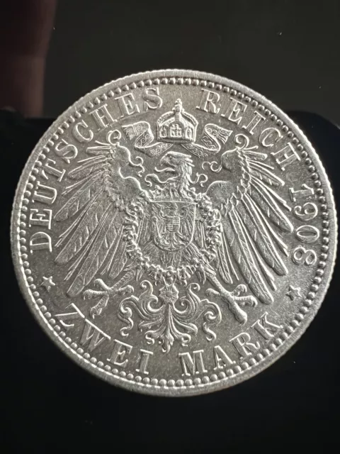 Kaiserreich 2 Mark Wilhelm II König von Württemberg 1908 F  Münze Coin Top ! 2