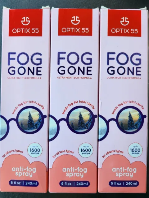 (3) 8 oz Optix 55 Fog Gone spray antiniebla para gafas seguro para todas las lentes nuevo en caja