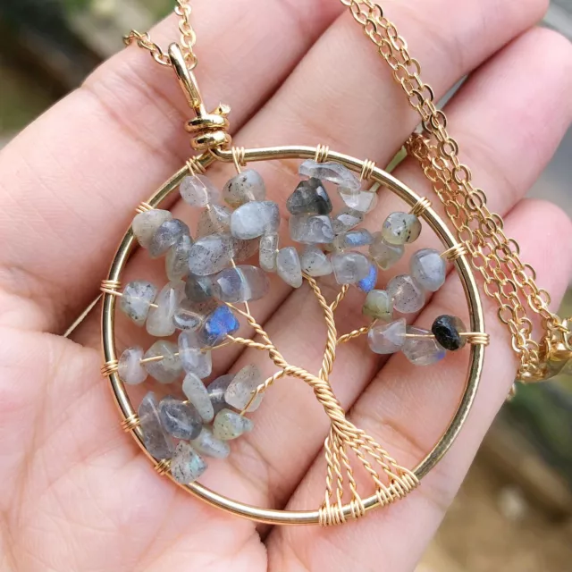 Labradorite Gem Tree Of Life Water-Drop Necklace Chakra Reiki Healing Amulet