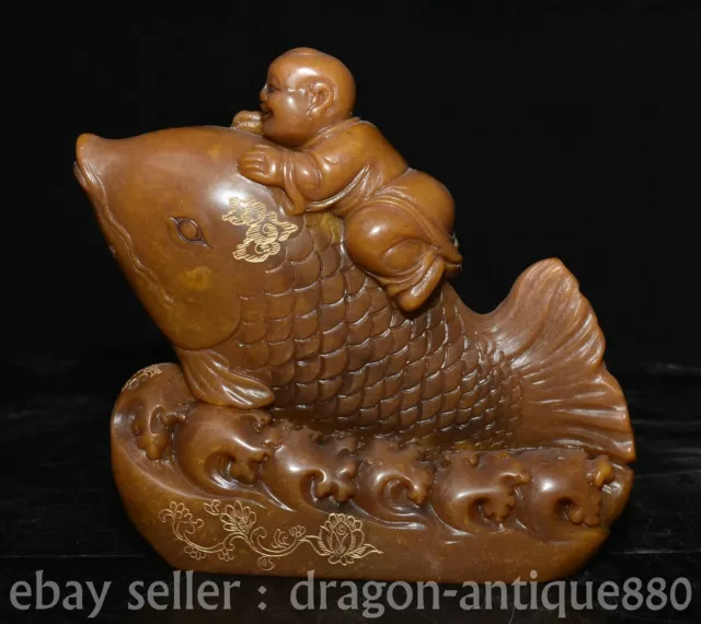 7.2" Old Chinese Shoushan Stone Carved Fengshui Fish Tongzi Boy Statue Sculpture
