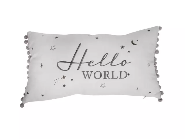 Nursery Throw Cushion Hello World Starry Night Soft Linen White Gift 44x25cm