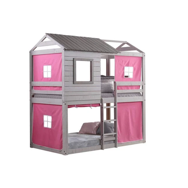 Donco Kid Double Bunk Bed Deer Blind Pink Tent Twin Loft Solid Wood+Fixed Right