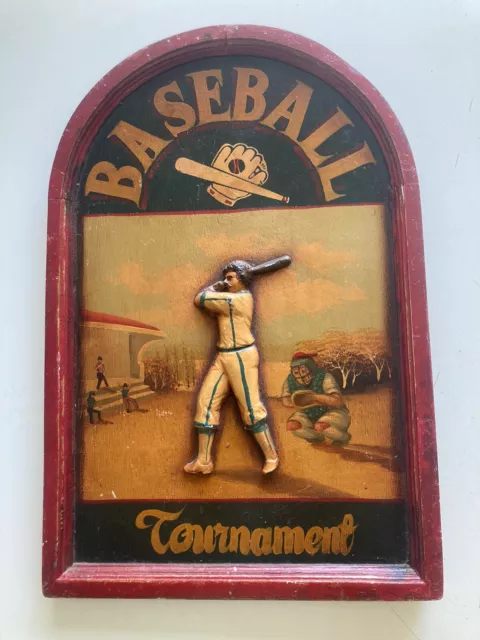 Vintage Baseball Tournament Player Wood Hand Carved 3D Wall Plaque Folk Art