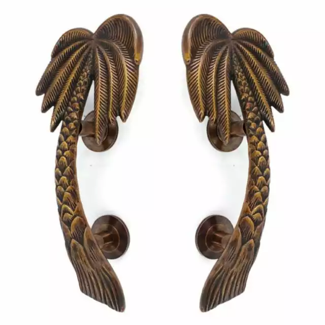 2 large Palm tree Door pull handles solid aged brass old style 30cm B