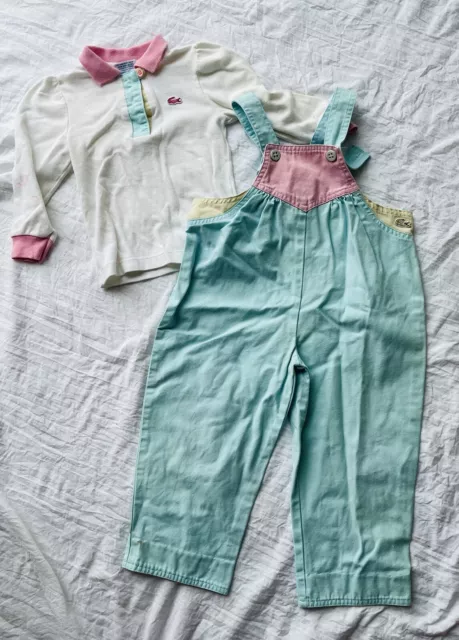 Vintage Izod Lacoste Overalls Blue Pink Size 3 Toddler Alligator Kids Designer