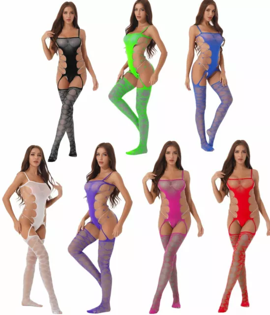 Women's Sexy Sheer Fishnet Bodysuit Stockings Mesh Hollow Out Babydoll Nightwear 2