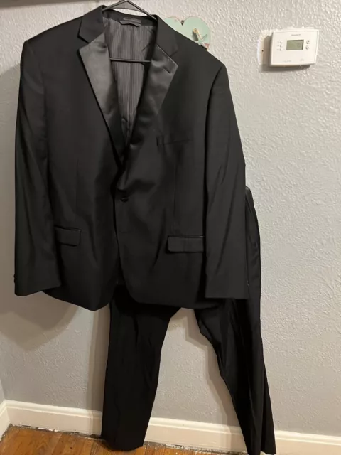 Mens Calvin Klein Black Tuxedo Full Suit Wool Blazer 48R Pants 38×32 ￼ 2