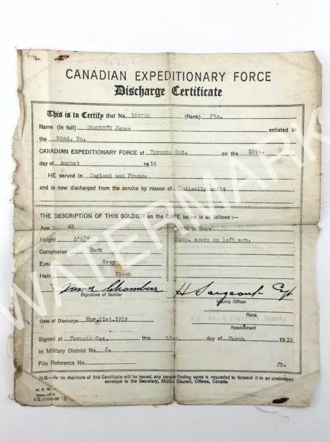 Vintage 1915 WWI Canadian Expeditionary Force Discharge Certificate Q968