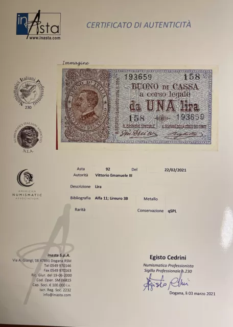 1 Lira Buono Di Cassa Effige Vittorio Emanuele Iii 21/09/1914 Regno Periziata