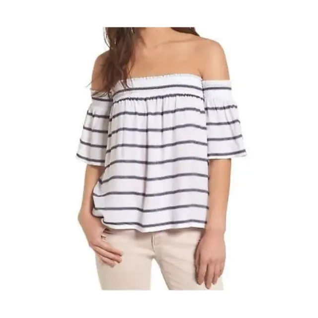 Rails Isabelle Off-the-shoulder Top S Smocked Neck Blouse White Royal Stripe