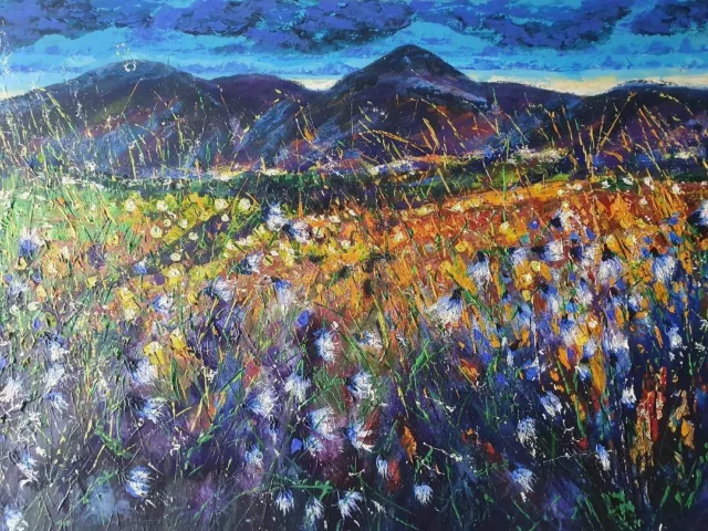 Large Bright Original Contemporary Landscape Painting Mountains Floral