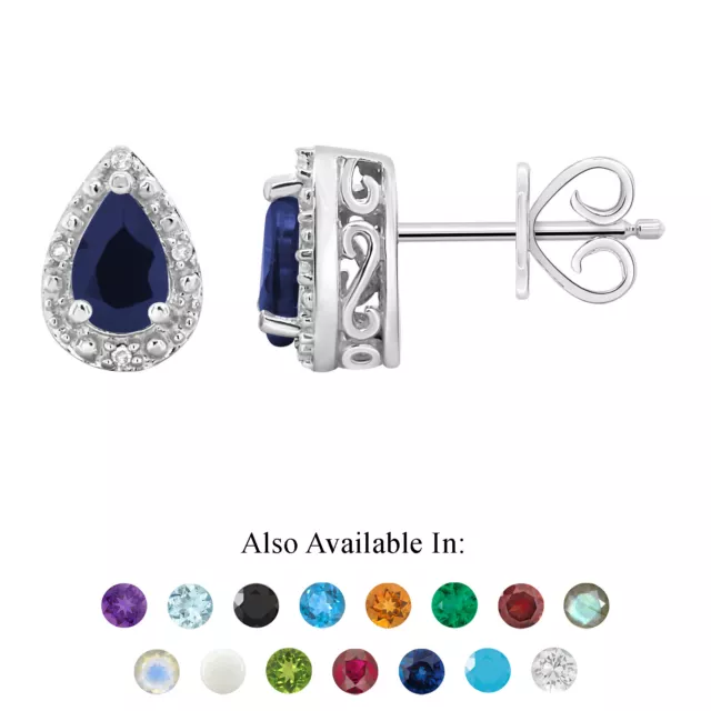 Sterling Silver 6x4mm Pear Shape Natural Sapphire Diamond Accent Stud Earrings