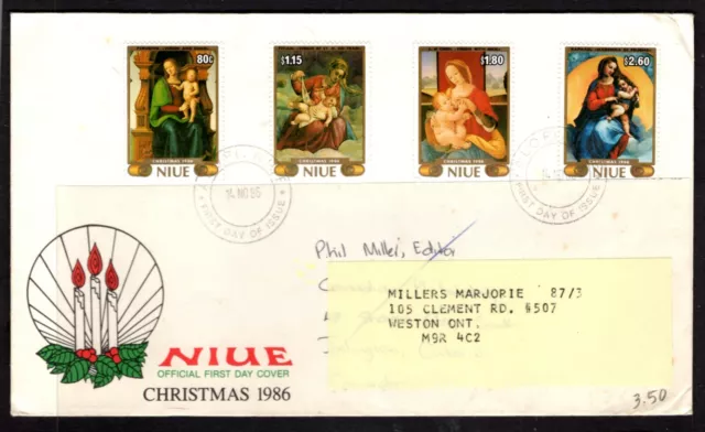 Niue #530-33(1986 Christmas set) on cacheted, addressed FDC to Canada