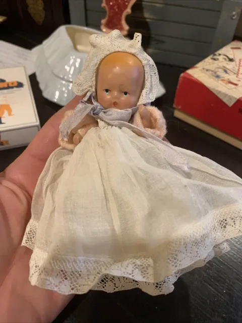Early Antique USA Bisque 4” Miniature Baby  Dollhouse Doll