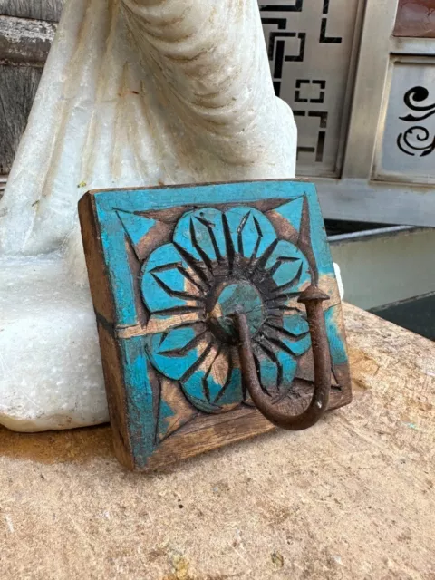 Antique Old Wooden Hand Carved Floral Rustic Blue Wall Hanging Hook Hanger
