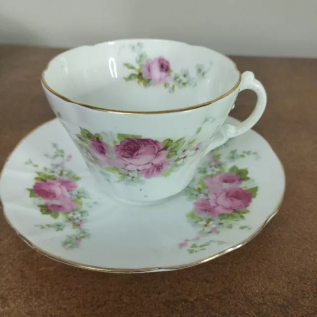 Antique Victorian, Cabbage Rose Pattern, Bone China Tea Cup & Saucer