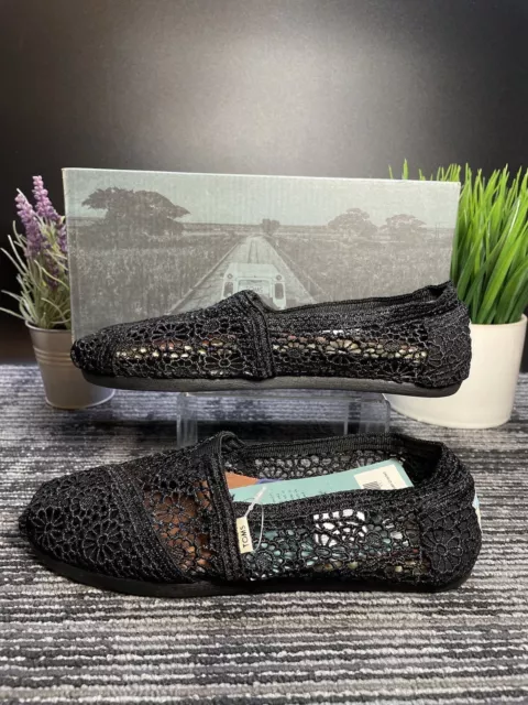 TOMS Womens Size 5.5 Alpargata Moroccan Crochet Flat Black Classic Slip On /NEW