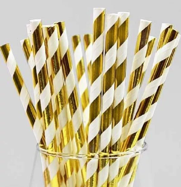 Gold And White Striped Paper Straws 8" (20cm) Biodegradable Compostable 6mm