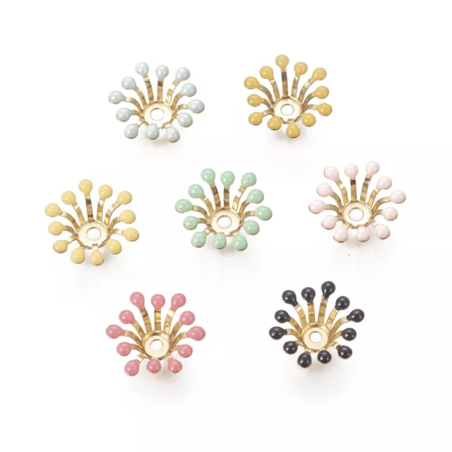 10 Flower Bead Caps - Gold Plated & Enamel - 11-12mm Dia - Mixed Colours -P00860