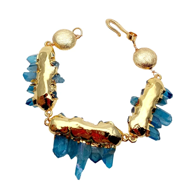 8.5" Blue Quartz Druzy Glass Rosary Chain Bracelet Women designer Jewelry