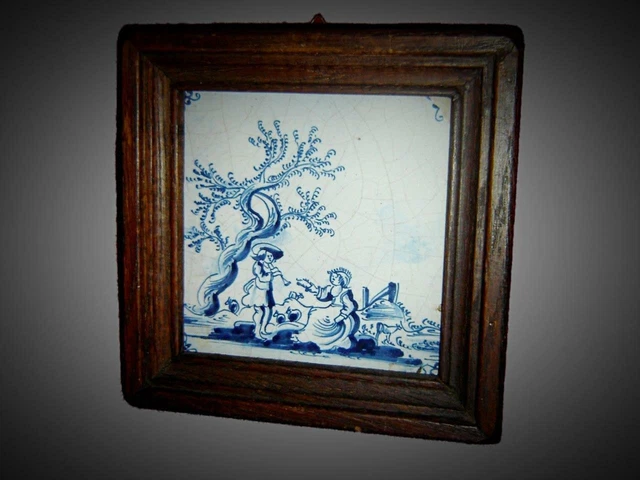 Antique Dutch Delft Courting Couple Lady And Gentlemen In Garden Tile Circa 1650