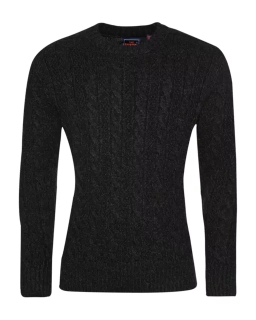 Superdry Mens Black Jumper Crew Neck Long Sleeve Pullover Wool Blend Cable Knit