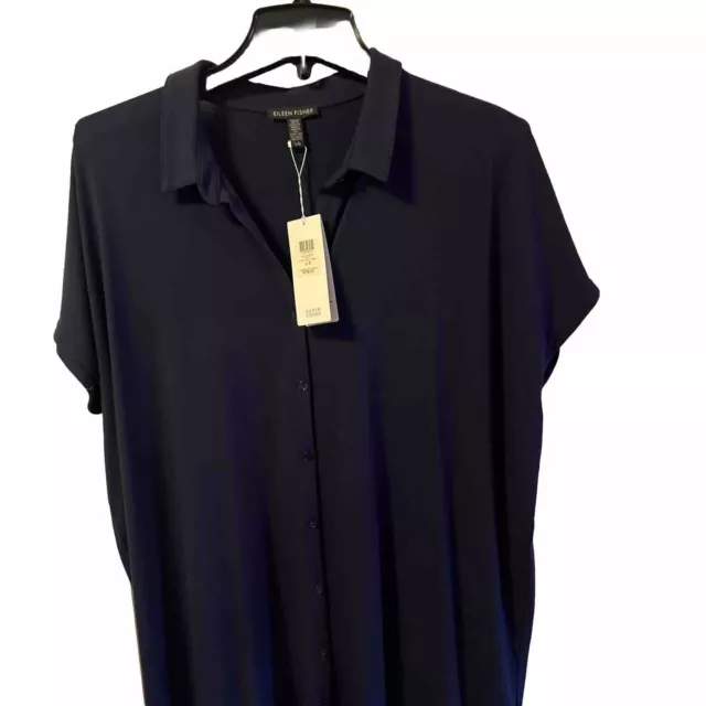 eileen fisher l Viscose Jersey Dress Midnight Navy Button Front Short Sleeve