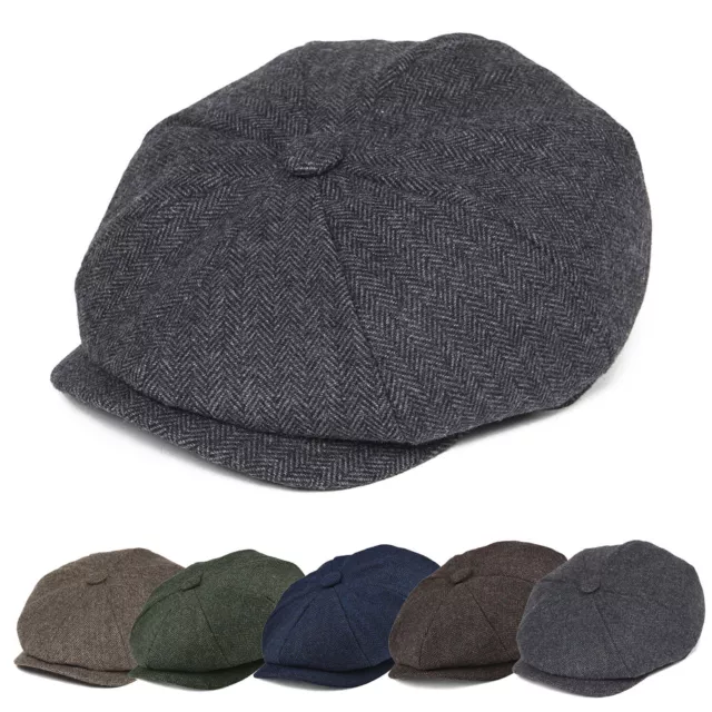 Men's 8 Piece Wool Blend Newsboy Flat Cap Herringbone Tweed Hat HOT