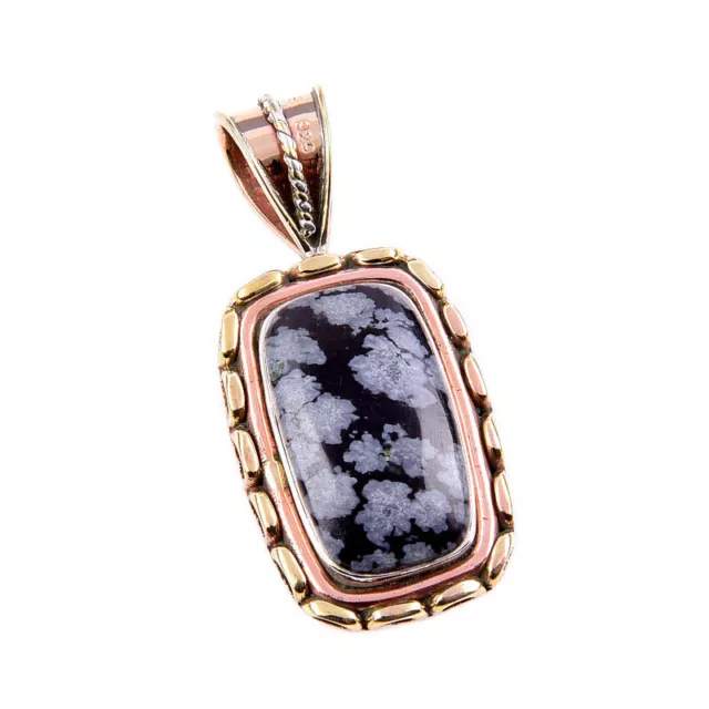 Natural Snowflake Obsidian Gemstone 925 Solid Silver Two Tone Pendant 1.5" F596 2