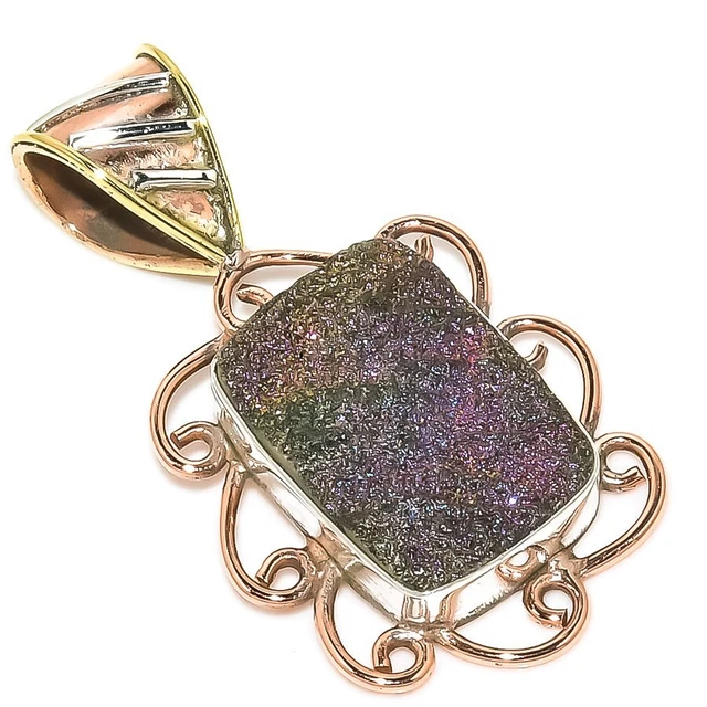 Titanium Druzy Two Ton 925 Solid Sterling Silver Jewelry Pendant 1.50''