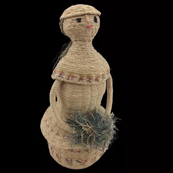 Handmade Woven Basket Woman Lady with Long Hair Figure Dress Folk Art 9"