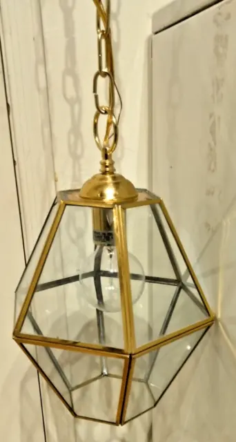 Vintage Brass & Glass Hexagon Hanging Pendant Chain Entry Light Fixture