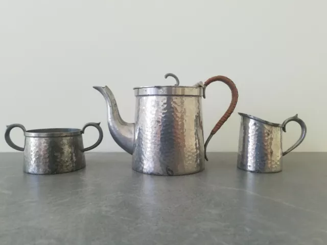 c.19/20th - Antique English Pewter Tea Set, Art Deco Hammered Metal Tea Set