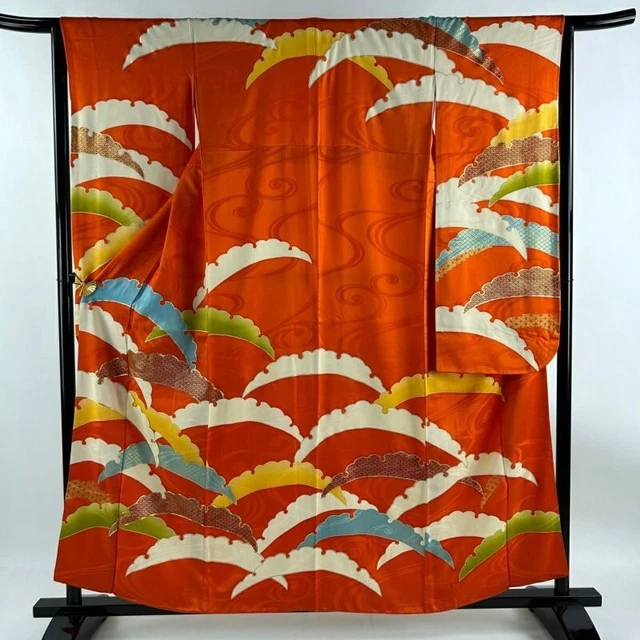 Japanese Kimono Furisode Pure Silk Seigaiha Gold Thread Gold Paint Vermilion