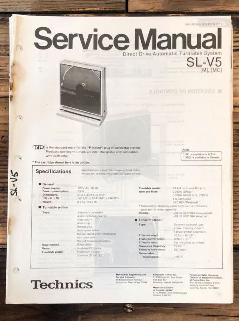 Technics SL-V5 Record Player / Turntable  Service Manual *Original*