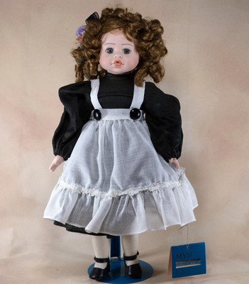 Marian Yu Designs Porcelain Collector's Girl Doll 17" Brown Curly Hair + Stand