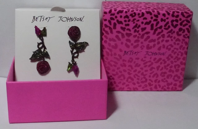 NEW Betsey Johnson Glittery Rhinestones Roses Dangle Earrings ~1.75" MSRP $38
