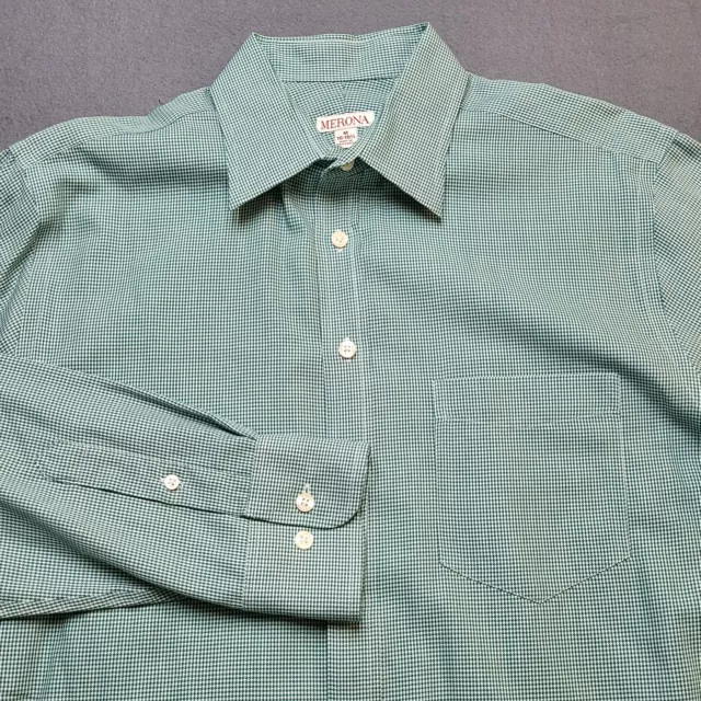 Merona Mens Shirt Size Medium Green & White Check Long Sleeve Button Up