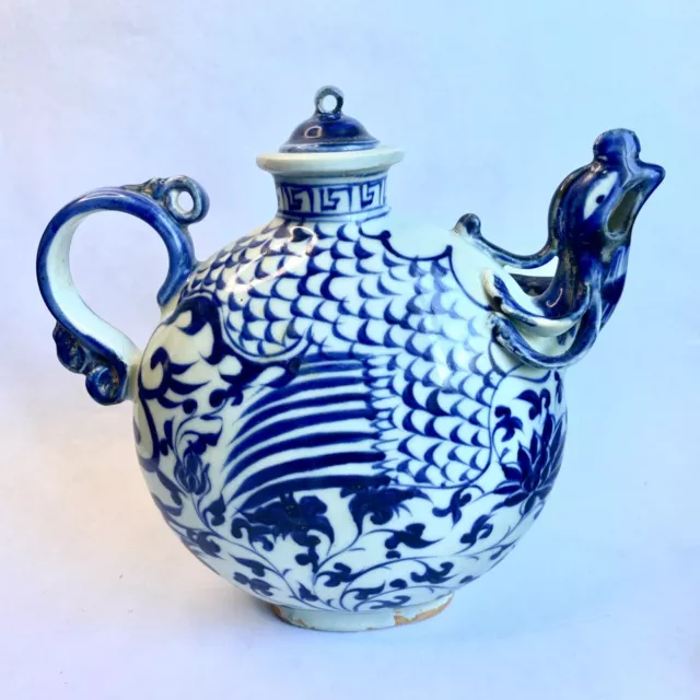8.6" Old Chinese Ming Blue & White Style Porcelain Phoenix Pot