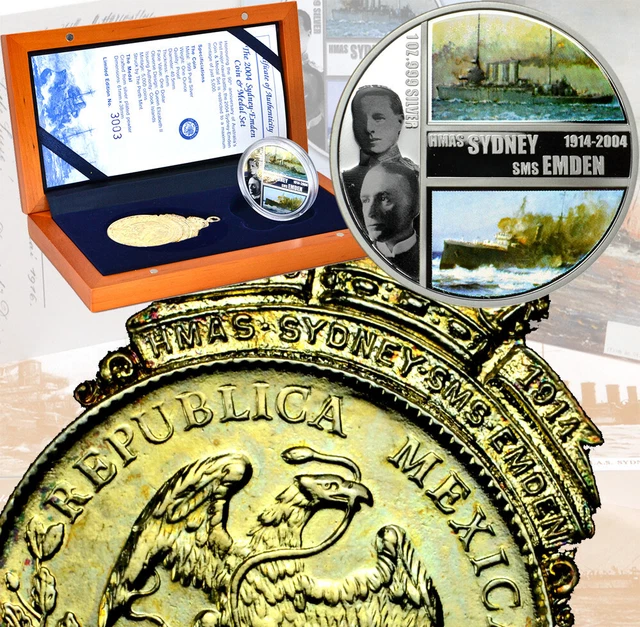 COOK ISLANDS 2004 90th Anniversary Battle of Cocos 1oz Silver $1 Coin &Medal Set