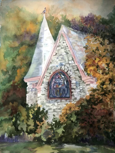 Vintage Art ORIGINAL watercolor Painting SIGNED Dated JOAN PERRY Chapel 15”x 22”