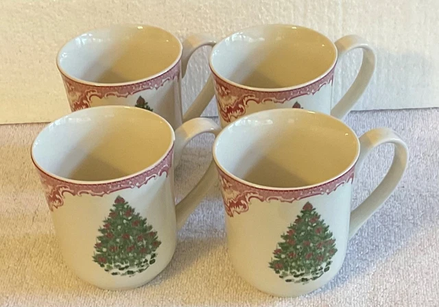 Johnson Bros OLD BRITAIN CASTLES PINK CHRISTMAS Mug (Green Tree) EUC set of 4