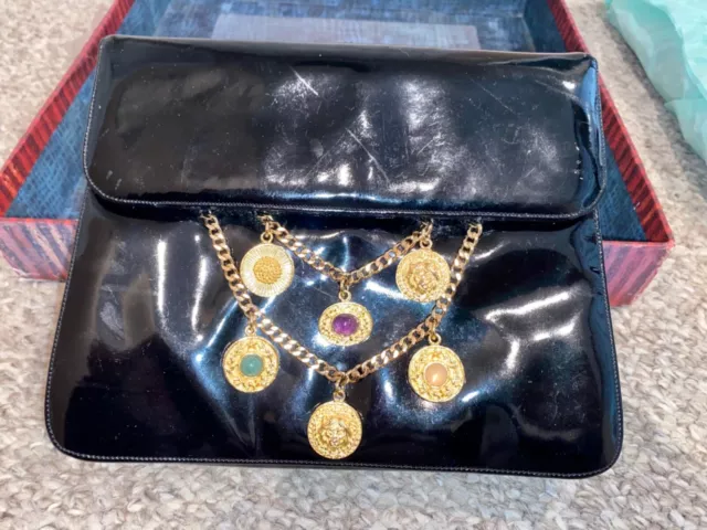 Judith Leiber Black Patent Leather Purse Clutch W Cabochon Charms