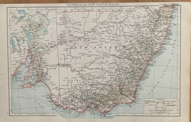 1898 Southeast Australia Original Antique Map 124 Years Old