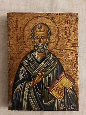 Antiguo icono bizantino griego ortodoxo de San Nicolás ¡pintado a mano!¡!