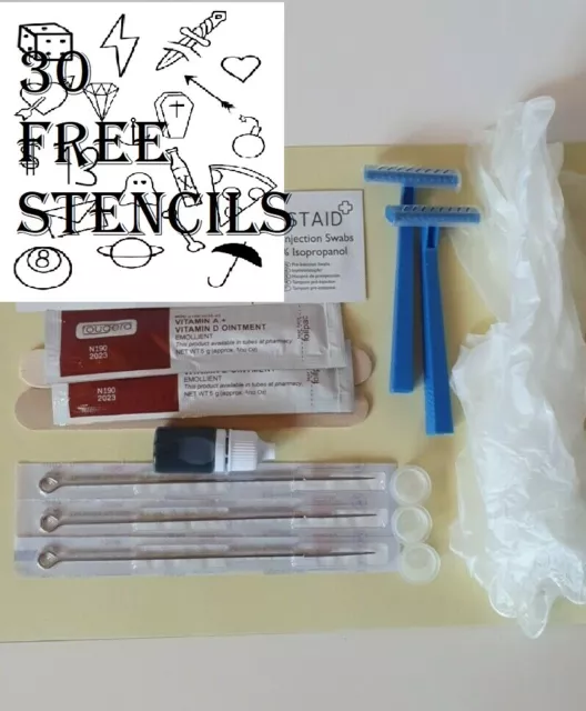 30 Stencils Full Stick and Hand Poke Tattoo Kit - Needles / Ink / Gloves / Cups